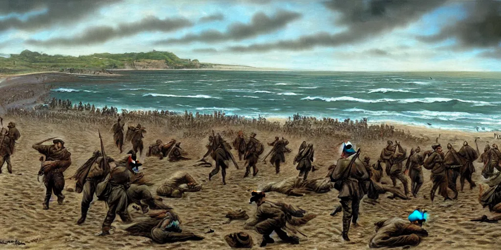 Image similar to battle of omaha beach, ww 2, matte painting, oil painting, painting