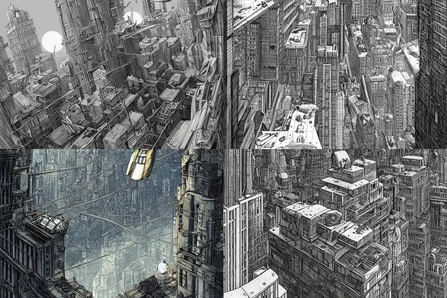 Prompt: A graphic novel illustration of an armored flying car soaring above a dense city, greebles, moody, grimy, sci-fi, by François Schuiten, Marvano, trending on Behance,