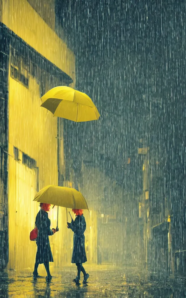 Prompt: a woman holding a yellow umbrella walking on the wet street on a rainy night in a fukuoka alley way by wes anderson and makoto shinkai. dramatic lighting. cel shading.