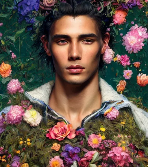 Image similar to portrait of a very handsome peruvian male model, surrounded by flowers by karol bak, james jean, tom bagshaw, rococo, trending on artstation, cinematic lighting, hyper realism, octane render, 8 k, hyper detailed.