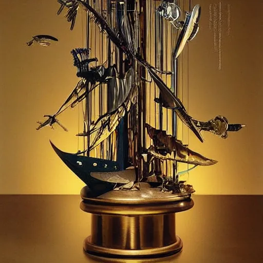 Prompt: A beautiful kinetic sculpture. I hurtled into my own future, while my ship ate space and time. by Georges de La Tour opulent