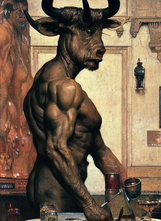 Prompt: upper body portrait of a minotaur in a pub, by lawrence alma-tadema and zdzislaw beksinski and norman rockwell and jack kirby, artstation creature art