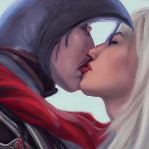 Prompt: Portrait of Sylvanas Windrunner and Adolf Hitler kissing, cinematic shot, trending on artstationhq, oil on canvas