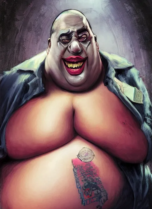 Prompt: Fantastic portrait of 400-pound obese Idris Elba as 400-pound obese Joker from Batman movie, digital art by Eugene de Blaas and Ross Tran, vibrant color scheme, highly detailed, in the style of romanticism, cinematic, artstation, Greg rutkowski