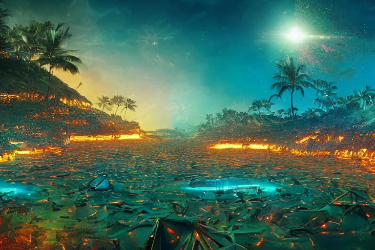 Prompt: futuristic hawaiian megapolis on waiʻanapanapa state park black beach of maui during interstellar crystalized fractal kaleidoscope glass sky, blazing fire tornadoes, lush sakura, advanced civilization, high tech spaceships, by peter mohrbacher, james jean, james gilleard, greg rutkowski, rule of thirds, octane render, beautiful