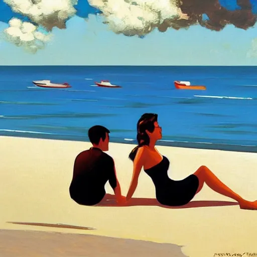 Prompt: couples at the beach by jack vettriano, artstation.