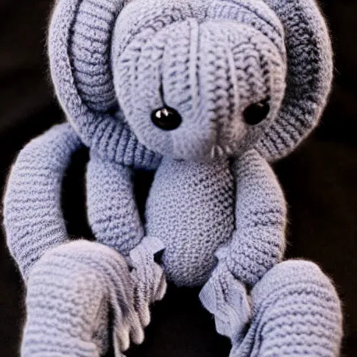 Prompt: knitted cuddly xenomorph cuddles ripley, cute styling, yarn, photorealistic