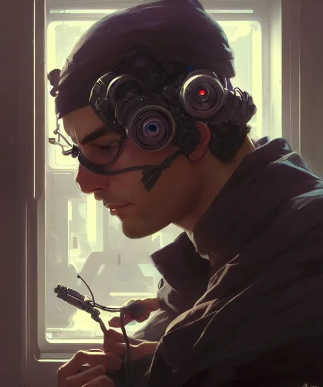 Image similar to Hacker man hacks computer, highly detailed, digital painting, artstation, concept art, smooth, sharp focus, illustration, art by artgerm and greg rutkowski and alphonse mucha