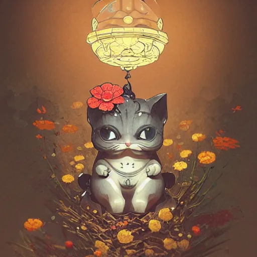 Image similar to A cute maneki neko waving, flowers around, D&D, fantasy, intricate, cinematic lighting, highly detailed, digital painting, artstation, concept art, smooth, sharp focus, illustration, art by Akihiko Yoshida, Greg Rutkowski and Alphonse Mucha