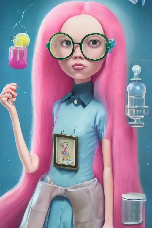 Prompt: highly detailed, executive profile portrait of beautiful cute adult princess bubblegum from adventure time, experimenting in her science lab, wearing lab coat and safety glasses, bubblegum hair, depth of field, illustration, concept art by nicoletta ceccoli, mark ryden, lostfish, detailed and intricate environment, 8 k resolution, hyperrealistic, octane render