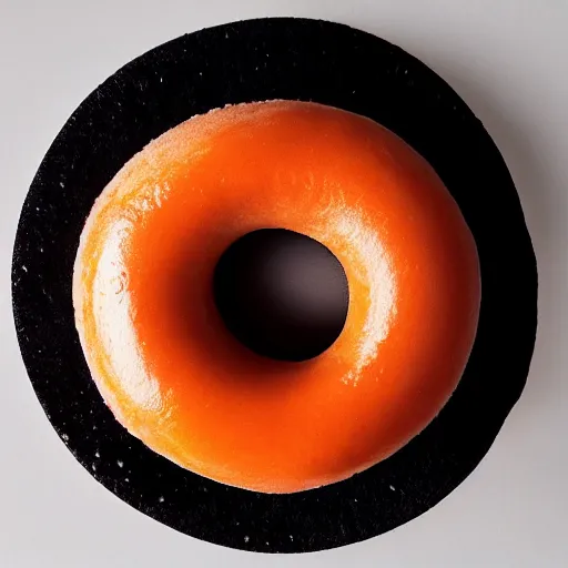 Prompt: Perfectly circular donut!!!!! in the style of an orange!!!!!!, trending on artstation, 4k, 8k, professional photography, overhead shot, 35mm lens