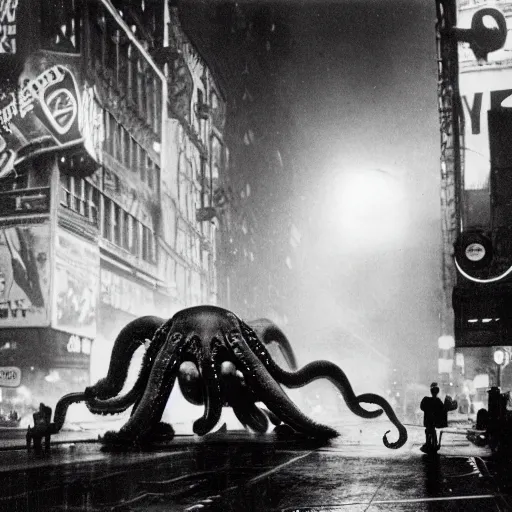 Image similar to old black and white photo, 1 9 1 3, depicting a giant alien dieselpunk octopus rampaging through the bustling streets of new york city, historical record, volumetric lights