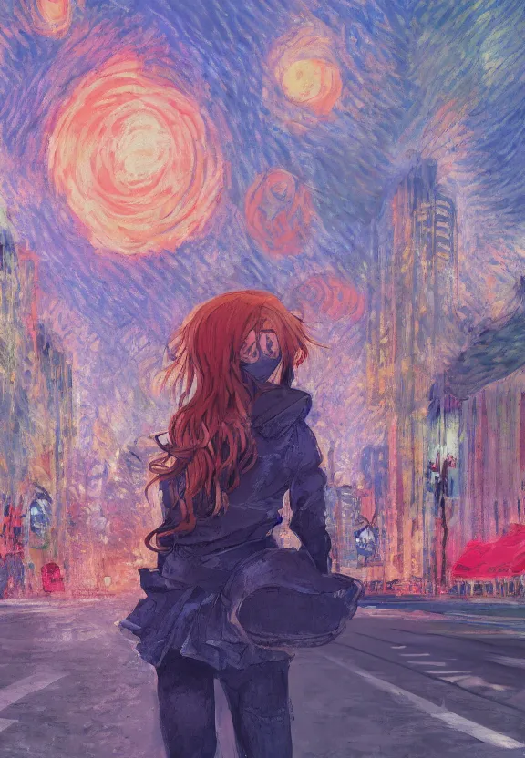 Prompt: wide angle portrait of a teenage girl, a thrifty outfit, very anime in impressionist style, city street view background, starlit night sky, trending artwork, illustrated in anime painter studio, by claude monet