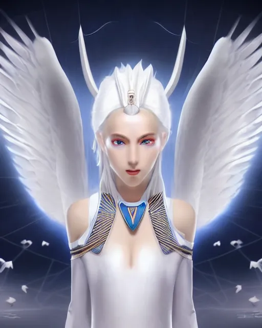 Image similar to perfect white - haired attractive egyptian goddess with large white dove wings, android body, beautiful, symmetric, dreamy, pretty face, blue eyes, detailed, scifi platform, laboratory, experiment, 4 k, ultra realistic, epic lighting, illuminated, cinematic, masterpiece, art by akihito tsukushi, voidstar