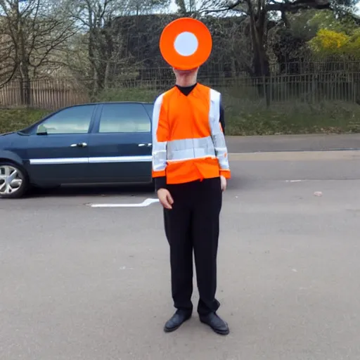 Prompt: man with traffic cone for head