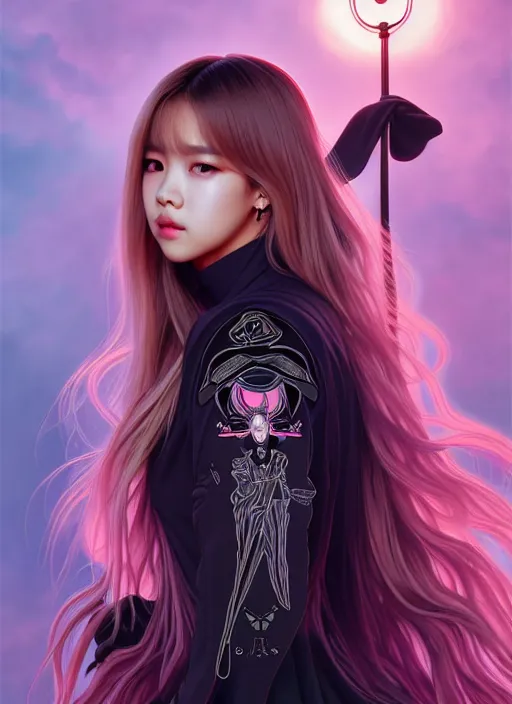 Image similar to lalisa manoban of blackpink, grim reaper costume, tarot card, highly detailed, digital painting, smooth, sharp focus, illustration, ultra realistic, 8 k, art by artgerm and alphonse mucha