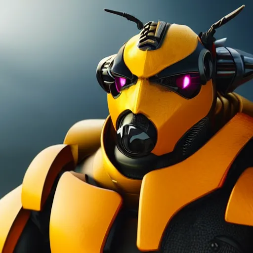 Prompt: still photo of bumblebee with fire eyes, highly detailed, photorealistic portrait, bright studio setting, studio lighting, crisp quality and light reflections, unreal engine 5 quality render