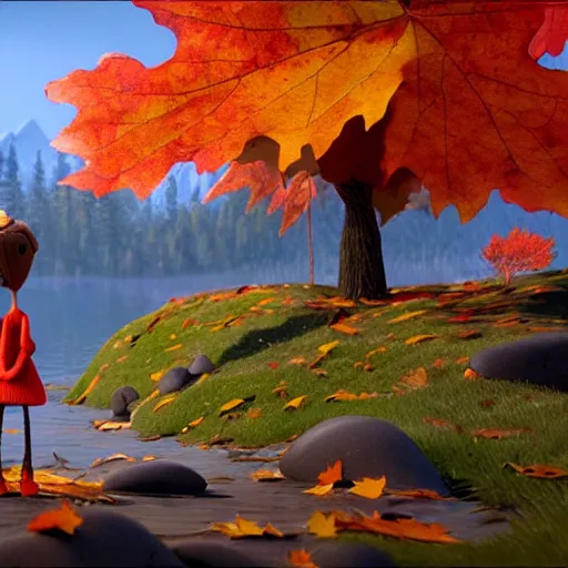 Image similar to a stopmotion animation character, a beautiful canadian woman, gardening, very attractive, some dark grey hair, stripey pants, canadian maple leaves, mountains, autumn, unreal engine 5, 8 k, kubo and the two strings, jan svankmayer, disney, pixar,