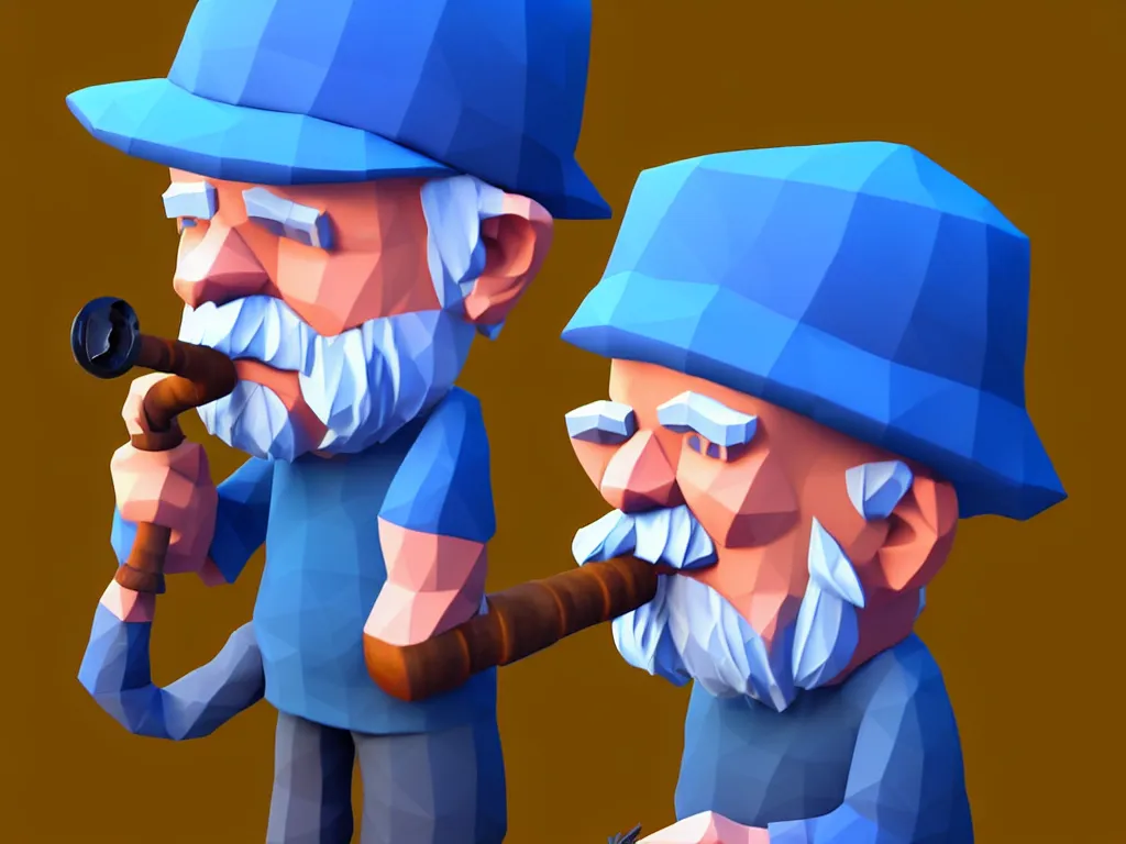 Prompt: an old man in a blue hat holding a pipe, rolled up sleeves, character design, low poly, pinterest, 4 k