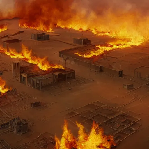 Image similar to a burning factory in the middle of a sandy desert. artstation. high-quality.