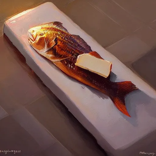 Image similar to a fish laying on top of a chocolate bar. soft, atmospheric, warm lighting. highly detailed digital painting by mandy jurgens.