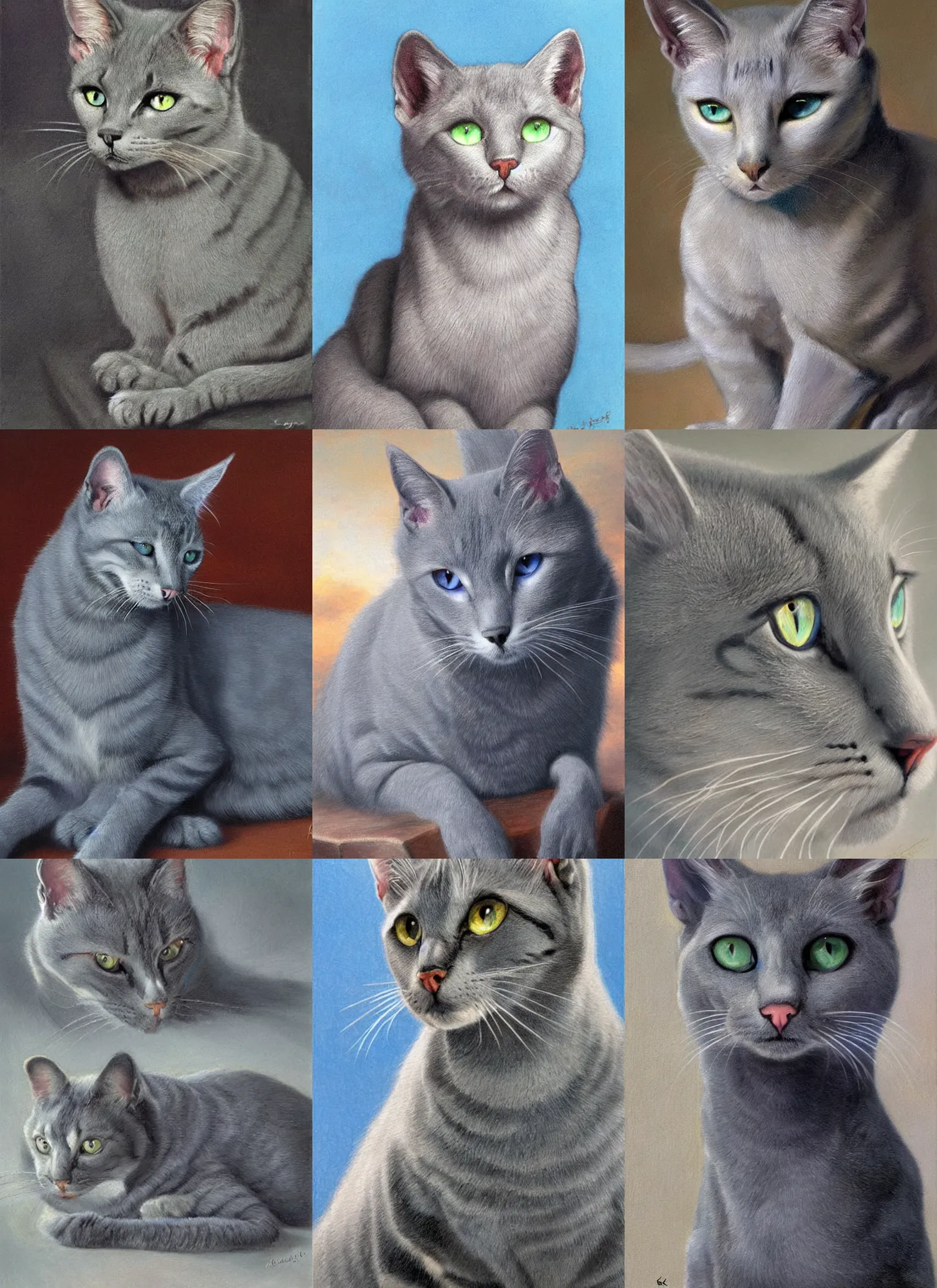 Prompt: Ashfur from Warrior Cats, a light gray cat with dark specks, blue eyes!, classical realism, art by Kenne Gregoire and Paul Gustav Fischer