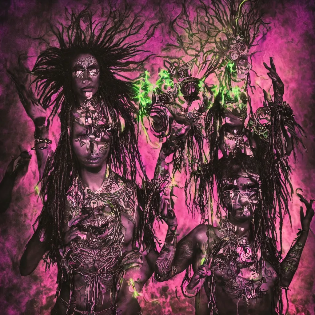 Image similar to dark voodoo priestress with neon tattoo sigils performing a sacred ritual, dark eerie backdrop, realistic digital art, inside a dark evil temple, polaroid pic by hyperrealism