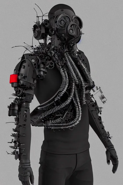 Prompt: urban _ techwear _ biomechanical cyborg portrait _ with _ black _ gasmask _ tech _ dark _ googles _ red _ black _ leather _ plastic _ material _ realistic _ photo