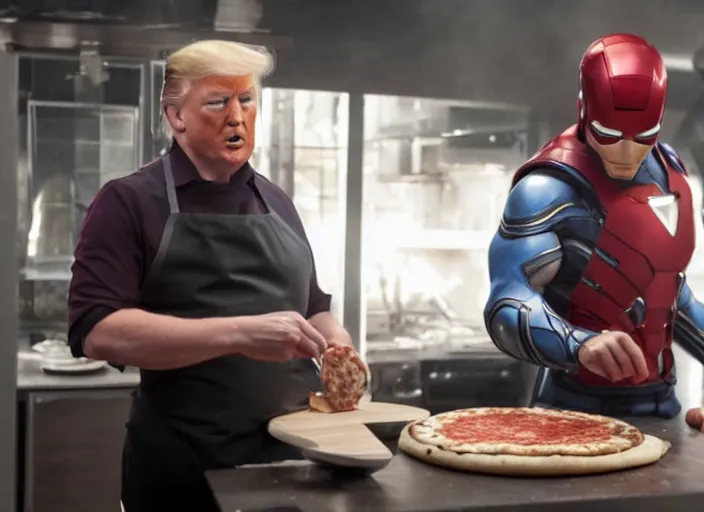 Image similar to film still of trump making a pizza in the new avengers movie, 4 k