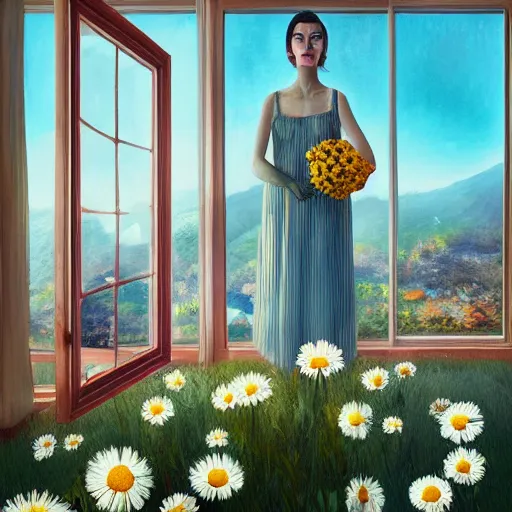 Prompt: huge daisy flower head, woman in dress, standing next to modern window in luxury apartment, surreal photography, sunlight, impressionist painting, digital painting, artstation, simon stalenhag