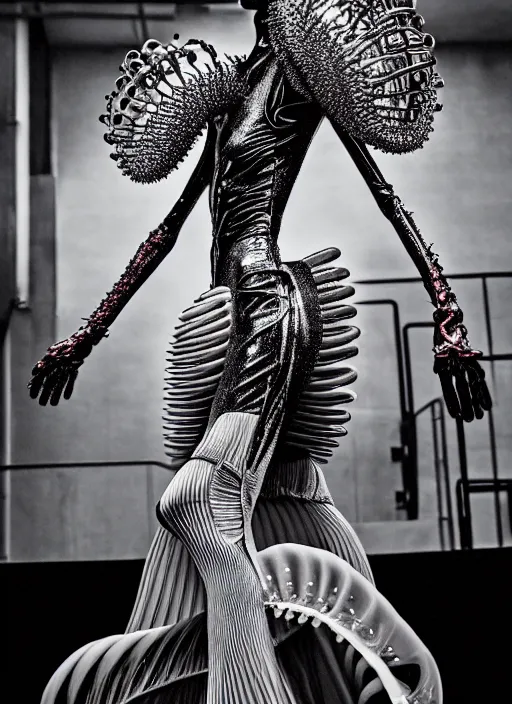 Image similar to walking down the catwalk, steven klein, show, stage, vogue photo, podium, fashion show photo, historical baroque dress, iris van herpen, beautiful woman, full body shot, masterpiece, inflateble shapes, alien, predator, guyver, jellyfish, white biomechanical details, highly detailed