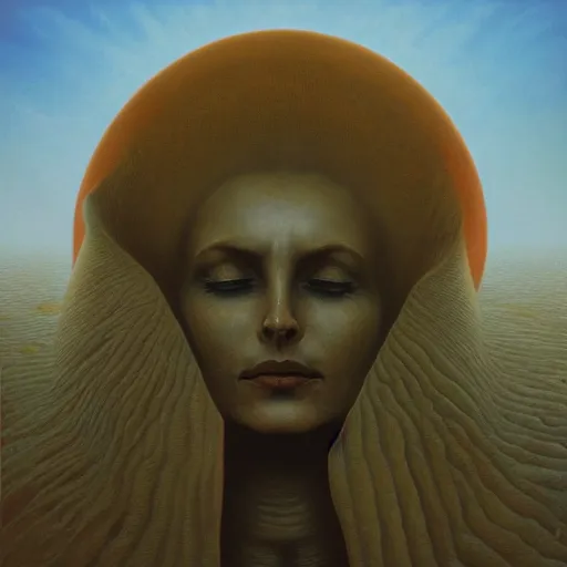 Image similar to evil magnificent gorgeous queen of the sun by zdzisław beksiński and jeffrey smith, oil on canvas, 8k high quality and resolution, professionally detailed, trending on artstation