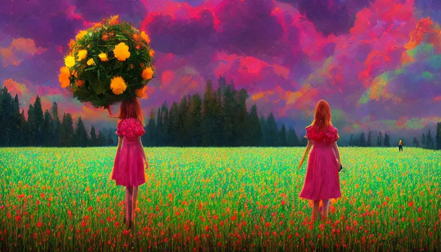 Prompt: girl with a giant flower instead of face, surreal photography, dream, standing in flower field, hills, big trees, sunrise dramatic light, impressionist painting, colorful clouds, digital painting, pointillism, artstation, simon stalenhag, flower face