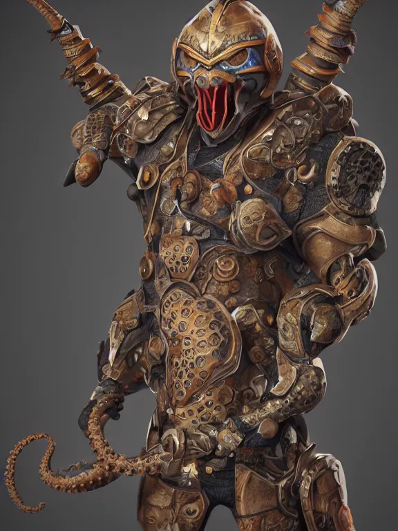 Prompt: full body portrait of single warrior with octopus armour, character design, designed in blender, 4 k hd, octane render, intricate and highly detailed, coloured with lots of colour, cinematic,