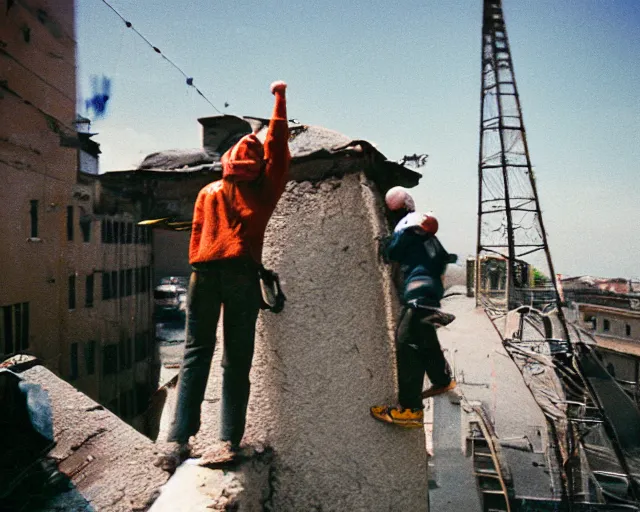 Image similar to lomo photo of roofjumpers climbing on roof of soviet hrushevka, small town, cinestill, bokeh, out of focus