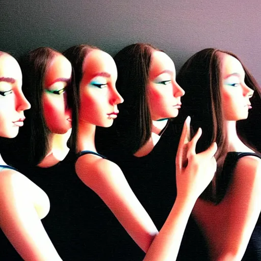 Image similar to “ a row of identical pretty women, clones, hyper realistic, in the style of houston sharp ”