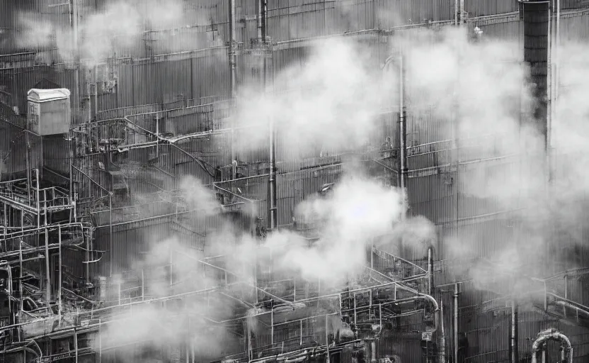 Image similar to industrial towers workers smoke photorealistic