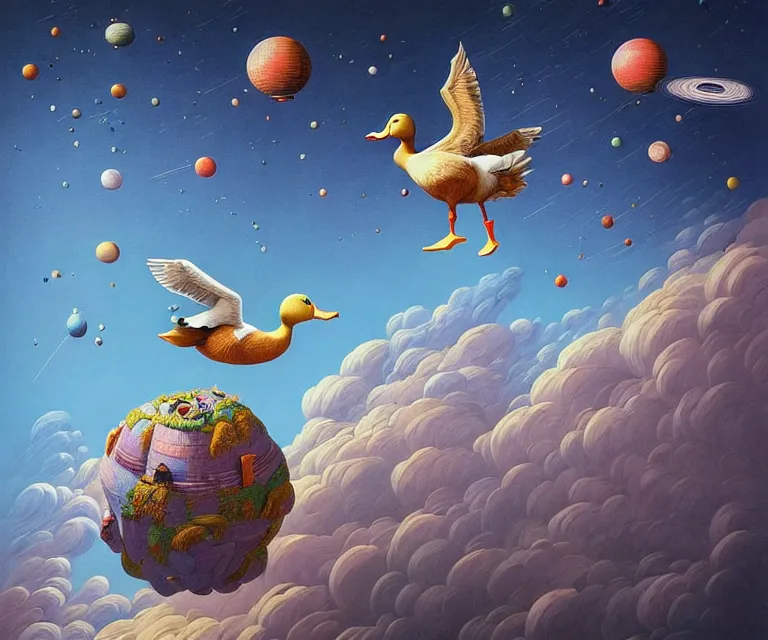 Prompt: hyper detailed 3d render like a Oil painting - a cartoon duck launching itself far above the earth into deep space, by Jacek Yerka, Mariusz Lewandowski, Houdini algorithmic generative render, Abstract brush strokes, Masterpiece, Edward Hopper and James Gilleard, Zdzislaw Beksinski, Mark Ryden, Wolfgang Lettl, hints of Yayoi Kasuma, octane render, 8k