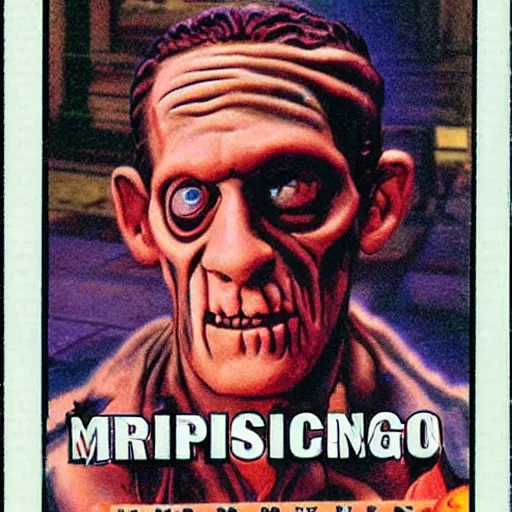 Image similar to Topps Collectable Card, Retro, Frankenstein, Holographic, 3D , Halloween Scene