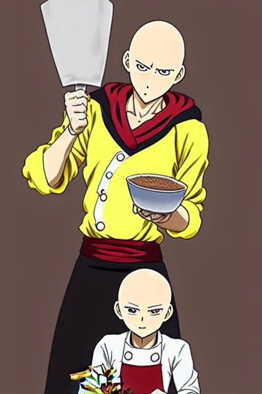 Image similar to chef saitama one punch man, dressed as a pastry chef, making a cake, anime artwork