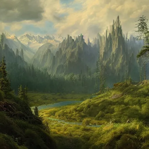 Prompt: a beautiful and highly detailed matte painting of an epic lush mountain range stretching into the distance, fir trees, intricate details, epic scale, insanely complex, 8 k, sharp focus, hyperrealism, very realistic, by caspar friedrich, greg rutowski, james gurney, zeen chin,