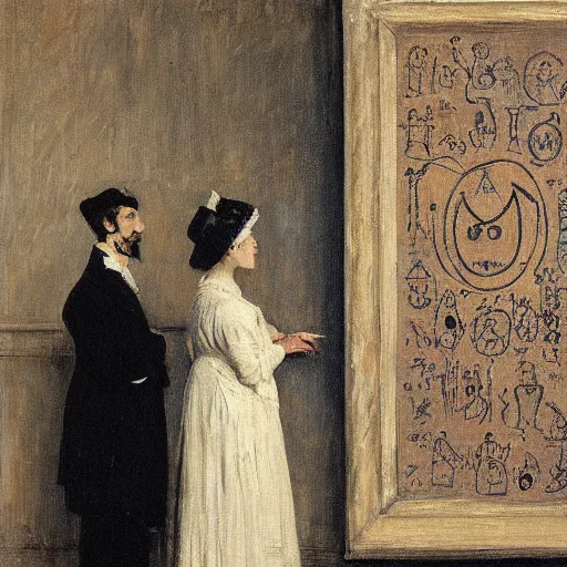 Image similar to gentleman and woman studying a wall full of occult symbols by alfred stevens