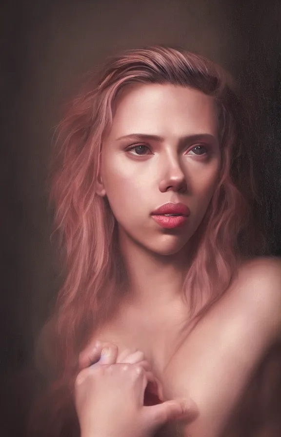 Prompt: soft lighting closeup portrait of young sexy scarlett johansson long hair wearing pink latex, rembrandt lighting, rembrandt painting,
