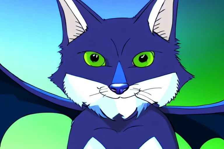 Image similar to a blue - and - black male catbat fursona with blue / green heterochromatic eyes ( differently - colored eyes, one green, one blue ) and huge bat ears, photo of the catbat streaming on his computer