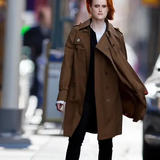 Prompt: 4 k award - winning still of evan rachel wood with brown hair with bangs wearing a trench coat walking in new york city