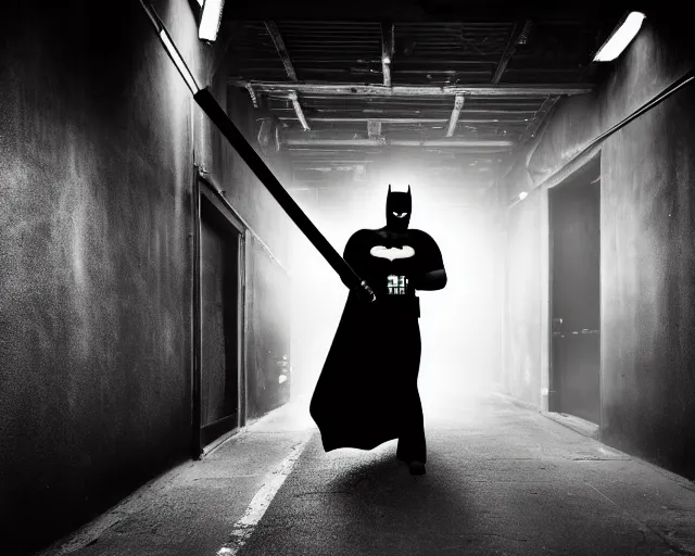 Image similar to a high definition photograph of Batman holding a lightsaber in a New York City alleyway, serious face, moody lighting, high contrast, dark background, window lights