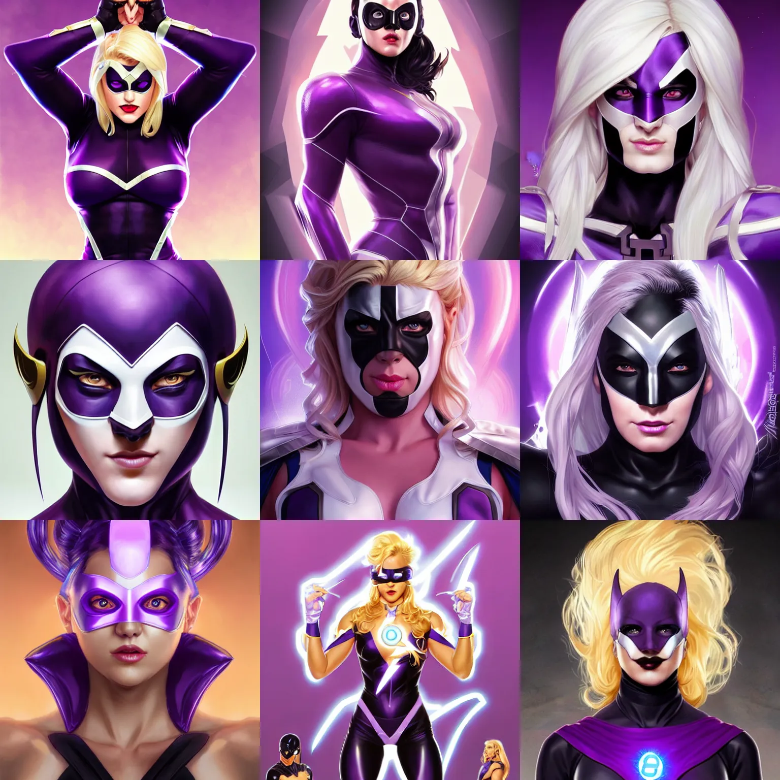 Prompt: character concept portrait, symmetrical head-on centralized, super-hero girl, domino mask, blond, black and violet costume, aura of power. Detailed, high quality, dynamic lightning, fantasy. Artwork by Artgerm, WLOP, Alex Ross, Greg Rutknowski, Alphonse Mucha