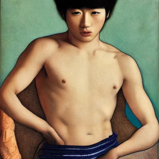 Prompt: a beautiful young japanese male underwear model painted by michelangelo