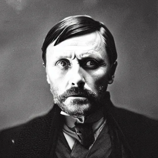 Prompt: headshot edwardian photograph of anthony hopkins, mads mikkelsen, arthur shelby, terrifying, scariest looking man alive, 1 8 9 0 s, london gang member, intimidating, fearsome, realistic face, peaky blinders, 1 9 0 0 s photography, 1 9 1 0 s, grainy, blurry, very faded, victorian, low - quality