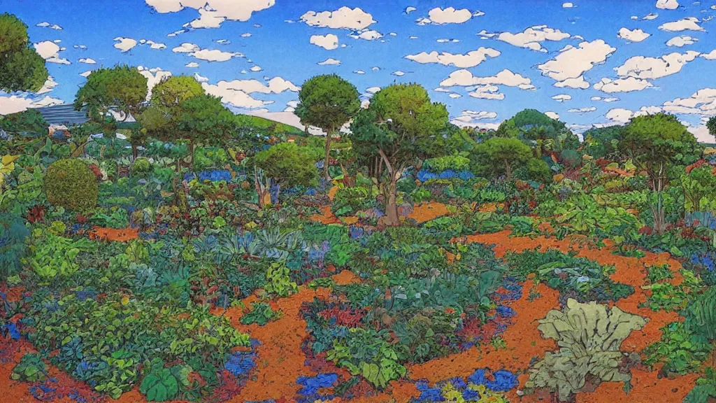 Image similar to an artificial garden with blue skies, landscape, moebius,